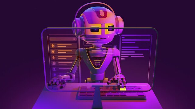 3d animation of artificial intelligence operator with headset working at transparent display workstation. Cybernetic android typing on keyboard, operating automated customer support interface.