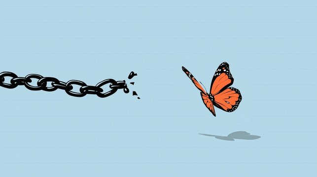 Minimalist graphic of a broken black chain releasing an orange butterfly, symbolizing freedom, liberation, and breaking away from constraints against a blue background.