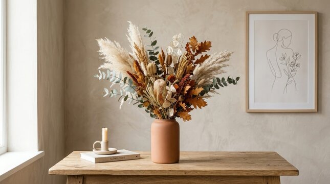 A beautiful bouquet of dried flowers and pampas grass in a ceramic vase on a rustic wooden table