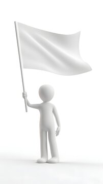 Minimalist white 3D human figure holding a blank waving flag, isolated on a clean white background with soft lighting.