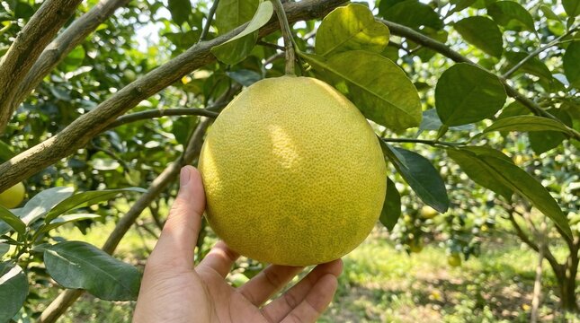 Hand holding a fresh pomelo fruit on a tree in an orchard
