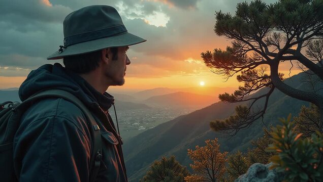 Man Gazing at Sunset Over Mountain Landscape
