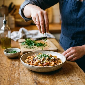 Chef garnishing orecchiette pasta with fresh herbs and cheese in a rustic kitchen setting V&iacute;deo