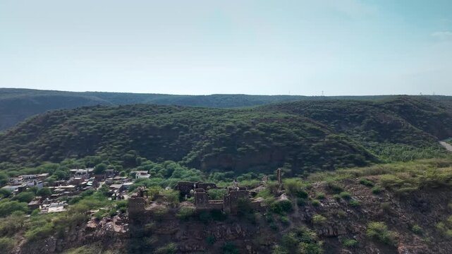 Aerial drone view of Nuh Fort ruins with Aravalli Hills in Nuh, Haryana, India