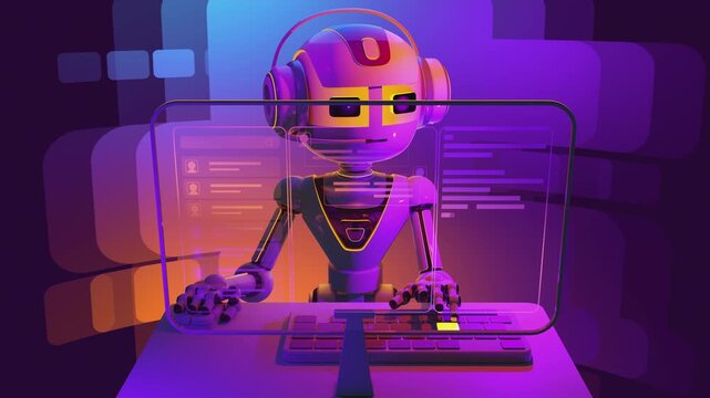 3d animation of artificial intelligence operator with headset working at transparent display workstation. Cybernetic android typing on keyboard, operating automated customer support interface.