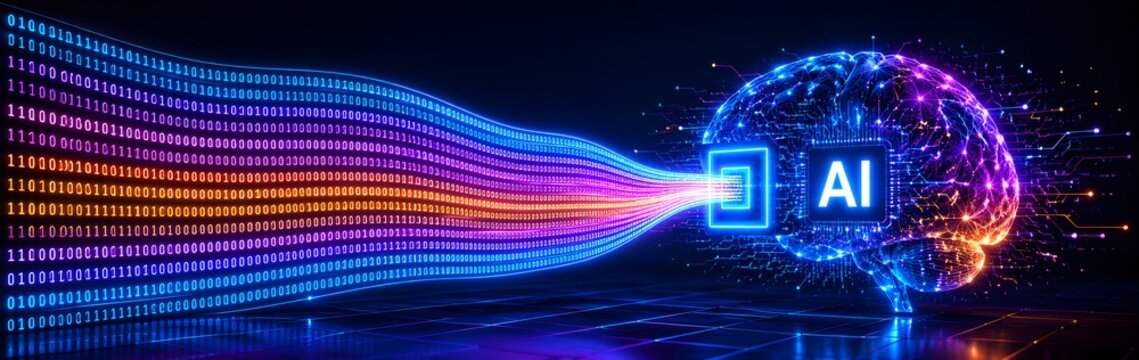 Artificial Intelligence brain processing digital data stream, illustrating advanced computing and futuristic neural network technologies. AI concept with binary code flow.