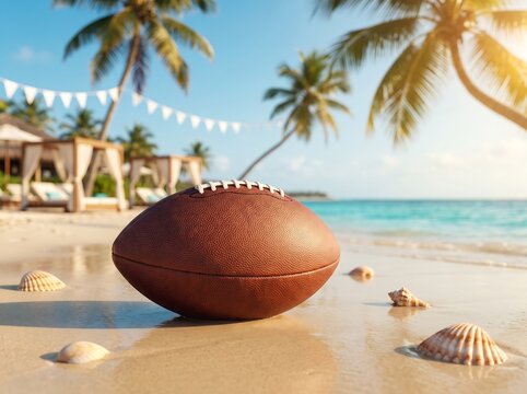 American football on a tropical sandy beach with palm trees and shells