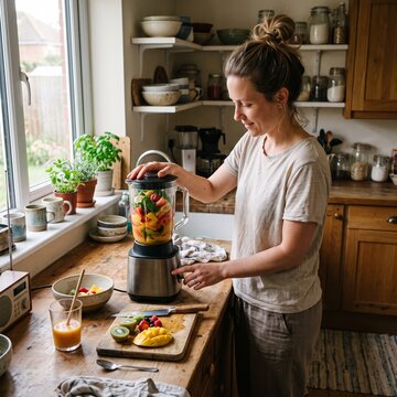 Woman making a healthy fruit smoothie in a modern kitchen with fresh ingredients on the counter V&iacute;deo