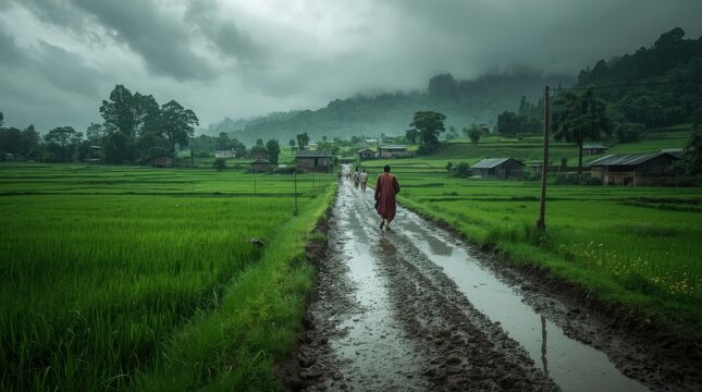 Monk walking down a wet, muddy path in a lush green valley during monsoon season.