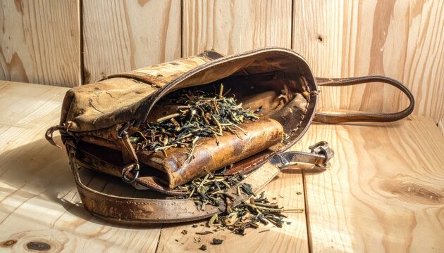 Vintage distressed leather pouch overflowing with dried herbs and botanicals on a rustic wooden background