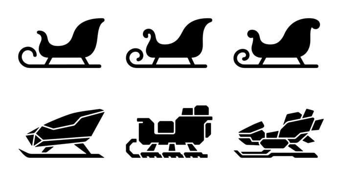Six Sleigh Icons, Winter Transport Vector Set, Christmas Holiday Graphics, Snow Vehicle Collection