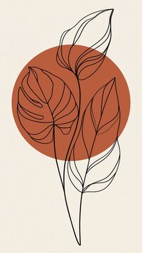 Modern monoline botanical illustration of three leaves with a terracotta abstract shape. Minimalist line art design suitable for bohemian style wall art and organic decor.