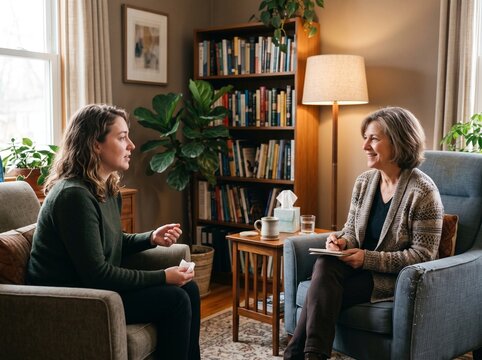 Two women in a cozy room having a therapy session with a therapist taking notes V&iacute;deo