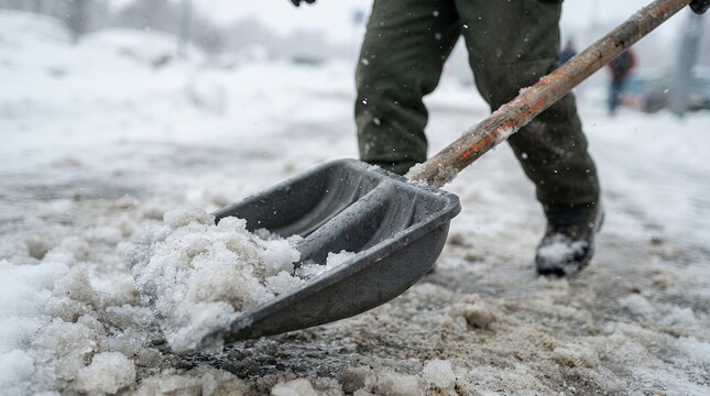 Shoveling snow on a city sidewalk after a winter blizzard, manual snow removal with a plastic shovel, clearing icy pavement during cold weather