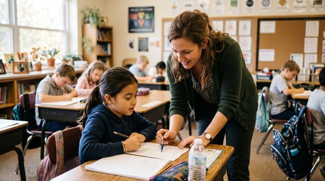 Teacher helps a young student with her schoolwork in a bright classroom setting V&iacute;deo