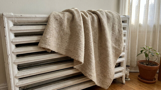 Cozy blanket draped over vintage radiator with potted plant nearby  