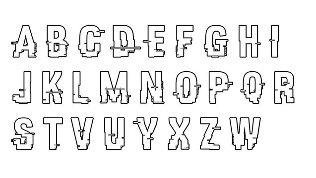 Bold industrial alphabet set with glitch effect and sharp geometric outlines alphabet typography industrial