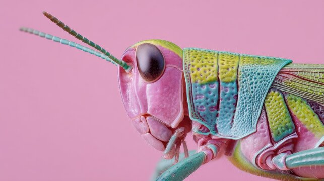 Colorful Macro Shot of an Insect with Bright Patterns Against a Pink Background