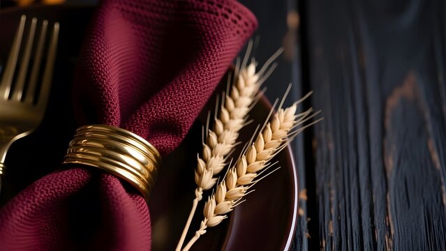 Elegant burgundy napkin with gold ring, rustic table setting with wheat stalks, sophisticated dinner arrangement on dark wood