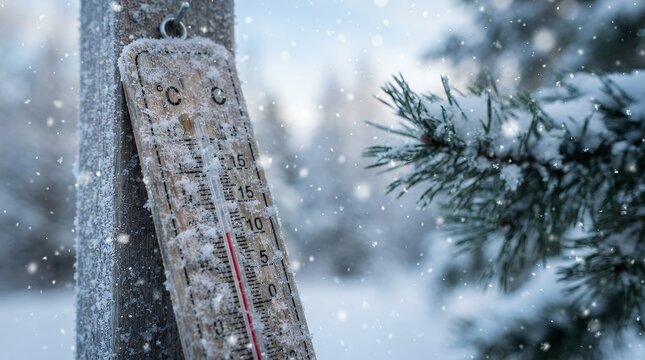 Frozen outdoor thermometer in winter forest, cold weather temperature measurement during snowfall, frosty winter day concept