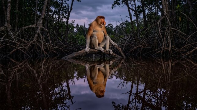 proboscis monkey (nasalis larvatus) sitting on a branch