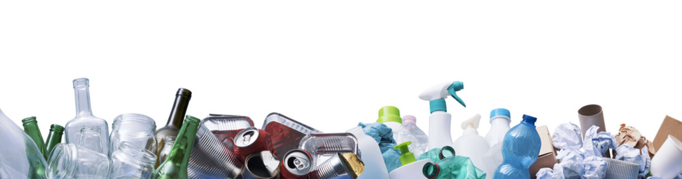 Assorted Recyclable Waste Panorama with Glass, Metal, Plastic, and Paper Materials