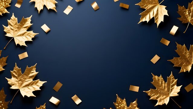 Golden autumn maple leaves on dark blue background, luxury fall foliage border with gold confetti, elegant seasonal frame for celebration