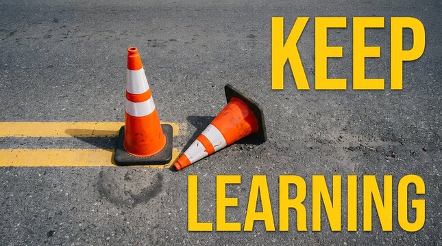 Keep Learning motivational text on asphalt road, orange traffic cones on double yellow lines, concept of overcoming obstacles and continuous education