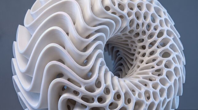 White 3d printed abstract sculpture with complex porous patterns and flowing wave geometry captured in high detail sharp macro focus
