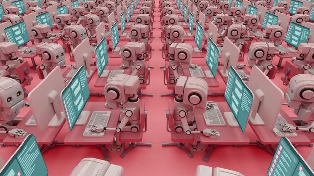 3d animation loop of an array of futuristic artificial intelligence chat operators. Endless grid of cybernetic androids interacting with messaging interfaces in a massive automated support hub.