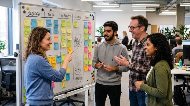 Diverse team collaborating around a Kanban board with sticky notes in a modern office setting V&iacute;deo