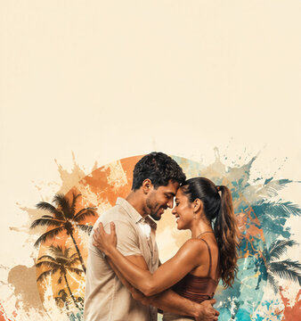 Bachata collage of a couple embracing with palm splashes