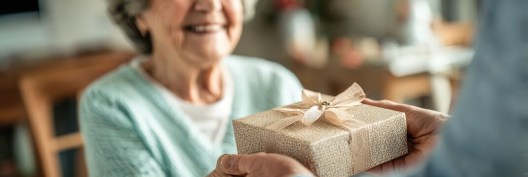 Smiling elderly woman receiving a wrapped gift box at home in warm cozy light. Concept of family love, care, gratitude and joyful moments, highlighting emotional connection and kindness.