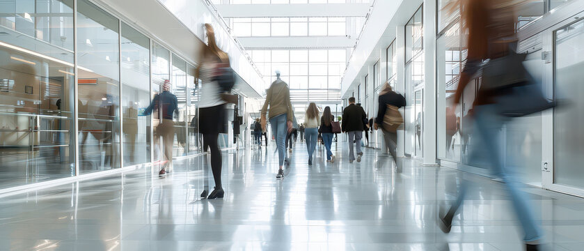 People walking through a modern public building interior with motion blur. Editorial wide shot representing urban lifestyle, crowd movement, daily routine, and public space activity.