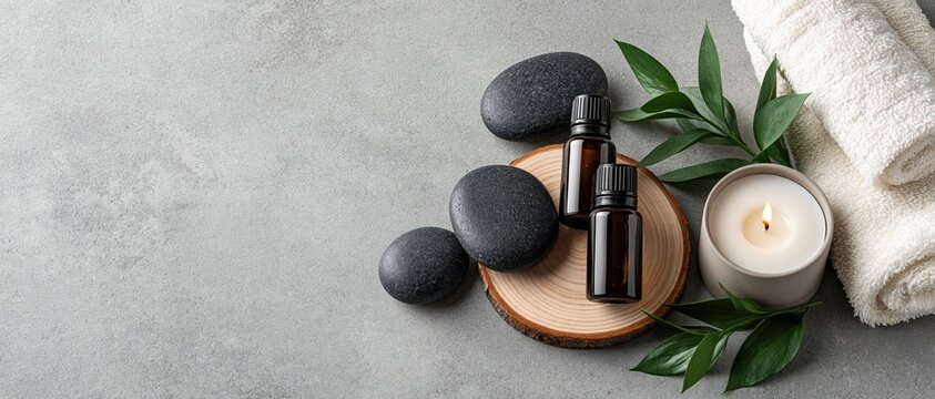 Holistic selfcare concept for spa, wellness, and beauty brands. Essential oil bottles on wood slice, basalt stones, lit candle, and white towel evoke pure relaxation and mindful living.