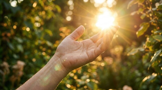 Spiritual light healing energy concept featuring a person's hand reaching out to touch warm sun light in nature