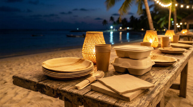 Eco friendly beach dinner table with biodegradable tableware and disposable food box, copy space