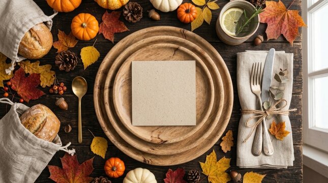 Top view of a rustic autumn table setting with empty plates pumpkins and colorful fall leaves background