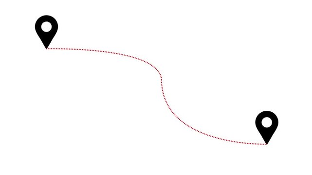 Animated map route with location pins, dotted path line connecting two points for travel or logistics