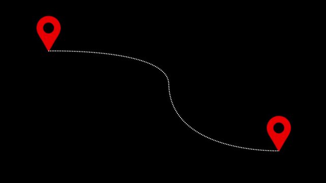Animated map route with red location pins and dotted path line for travel and logistics navigation