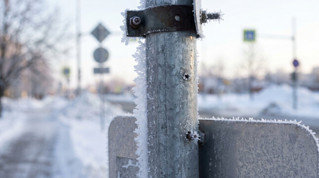 Frost-covered metal signpost beside snowy street in winter season  