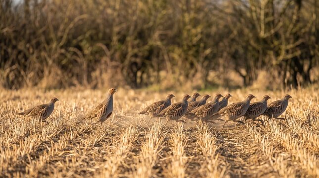 grey partridges (perdix perdix) running through stubble