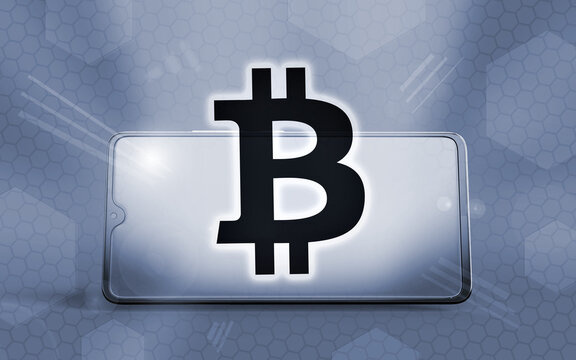 Tel&eacute;fono inteligente en 3D con el s&iacute;mbolo brillante de Bitcoin flotando en la pantalla, concepto de criptomoneda, finanzas digitales y tecnolog&iacute;a financiera moderna.