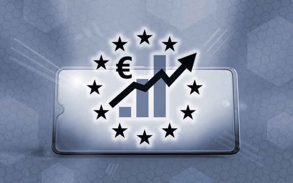 Smartphone con gr&aacute;fico financiero en euros y estrellas de la Uni&oacute;n Europea sobre fondo tecnol&oacute;gico digital azul. Crecimiento econ&oacute;mico, finanzas de la eurozona y mercados burs&aacute;tiles brillantes.