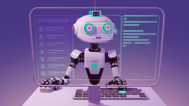 3d animation of artificial intelligence chatbot operating a transparent HUD screen. Cybernetic robot interacting with automated user interface, messaging system, and cloud telemetry analytics.