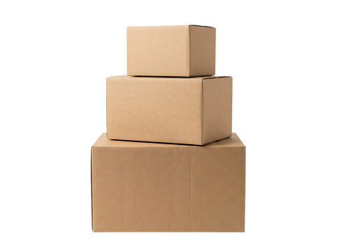 Three stacked cardboard shipping boxes of various sizes isolated on transparent background.
