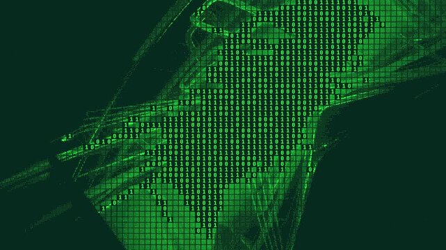Green binary code matrix background, digital data stream on dark screen, cyber security and programming concept