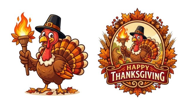 Cute cartoon turkey wearing a pilgrim hat holding a flaming torch for a happy thanksgiving holiday celebration design