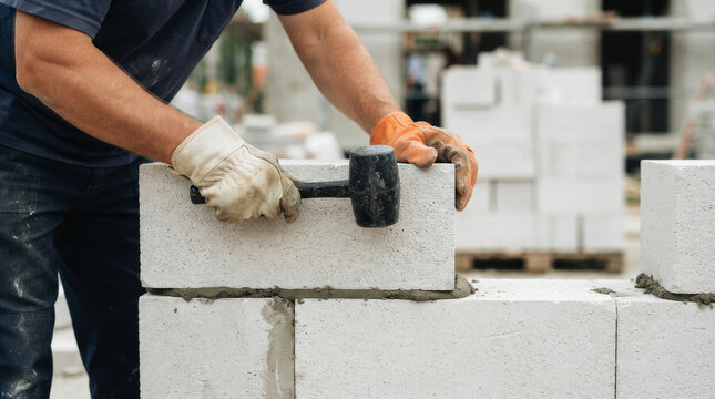 Professional bricklayer laying aerated concrete blocks with rubber mallet, construction worker building wall on development site, masonry work close up