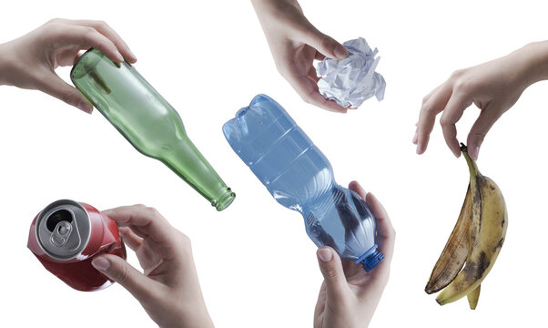 Hands Holding Different Types of Waste and Organic Peel for Environmental Sorting Concept